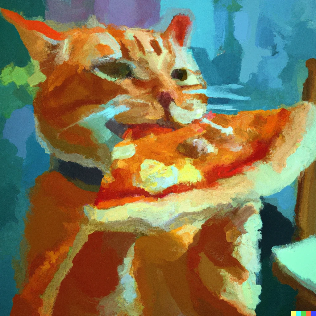 Prompt: Monet style Orange Tabby Cat eating a pizza