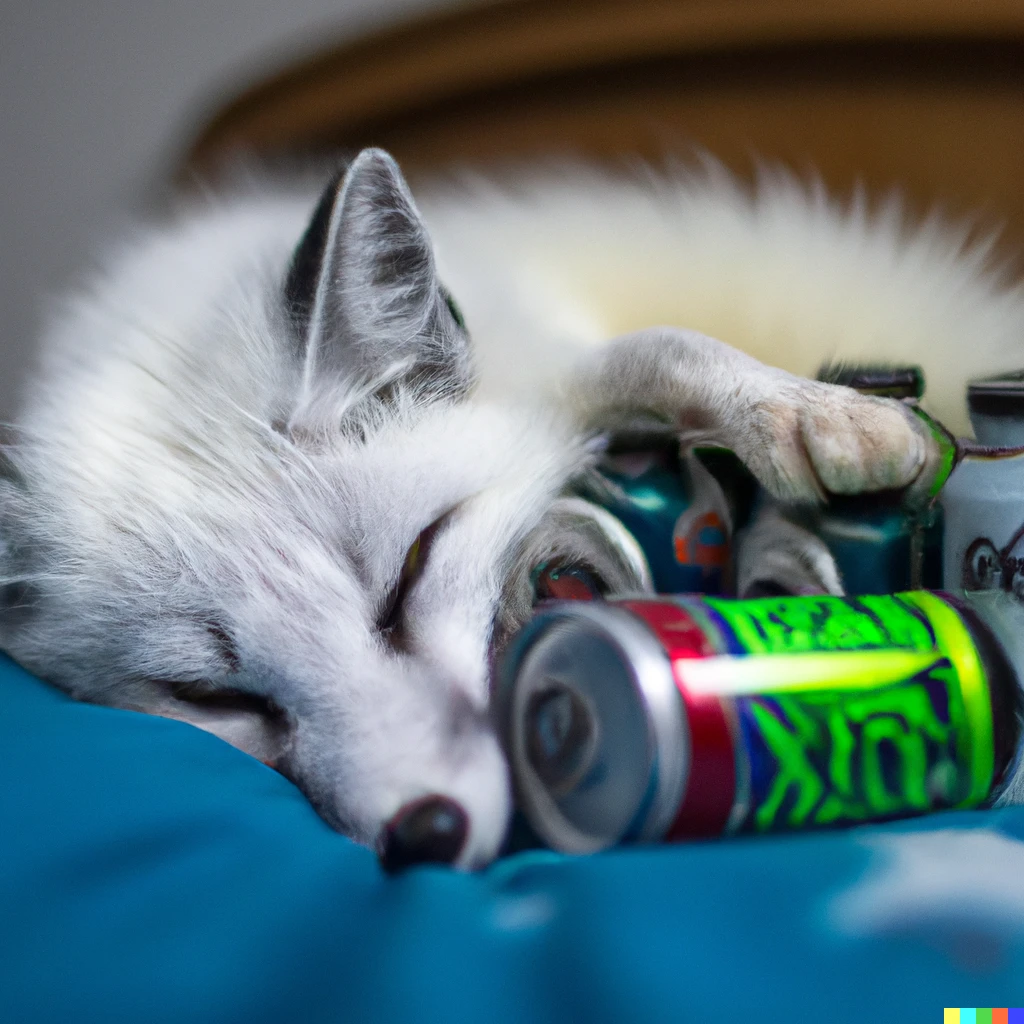 Prompt: an arctic fox sleeping in a bed surrounded by energy drink cans