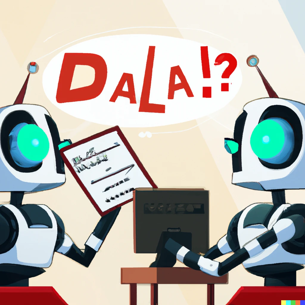 Prompt: Two confused robots looking at a captcha image that says "DALLE-2" , digital art