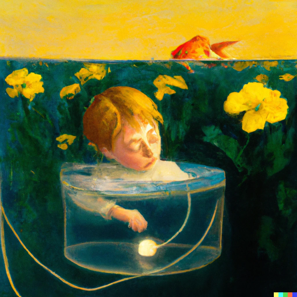 Prompt: a poetic baby floating alive in the middle of transparent water with a goldfish next to him, they have their brains connected with an information cable, sorrounded by a lot of small yellow flowers over the water,  beautifully lit, dramatic lighting, art style painting edward hooper