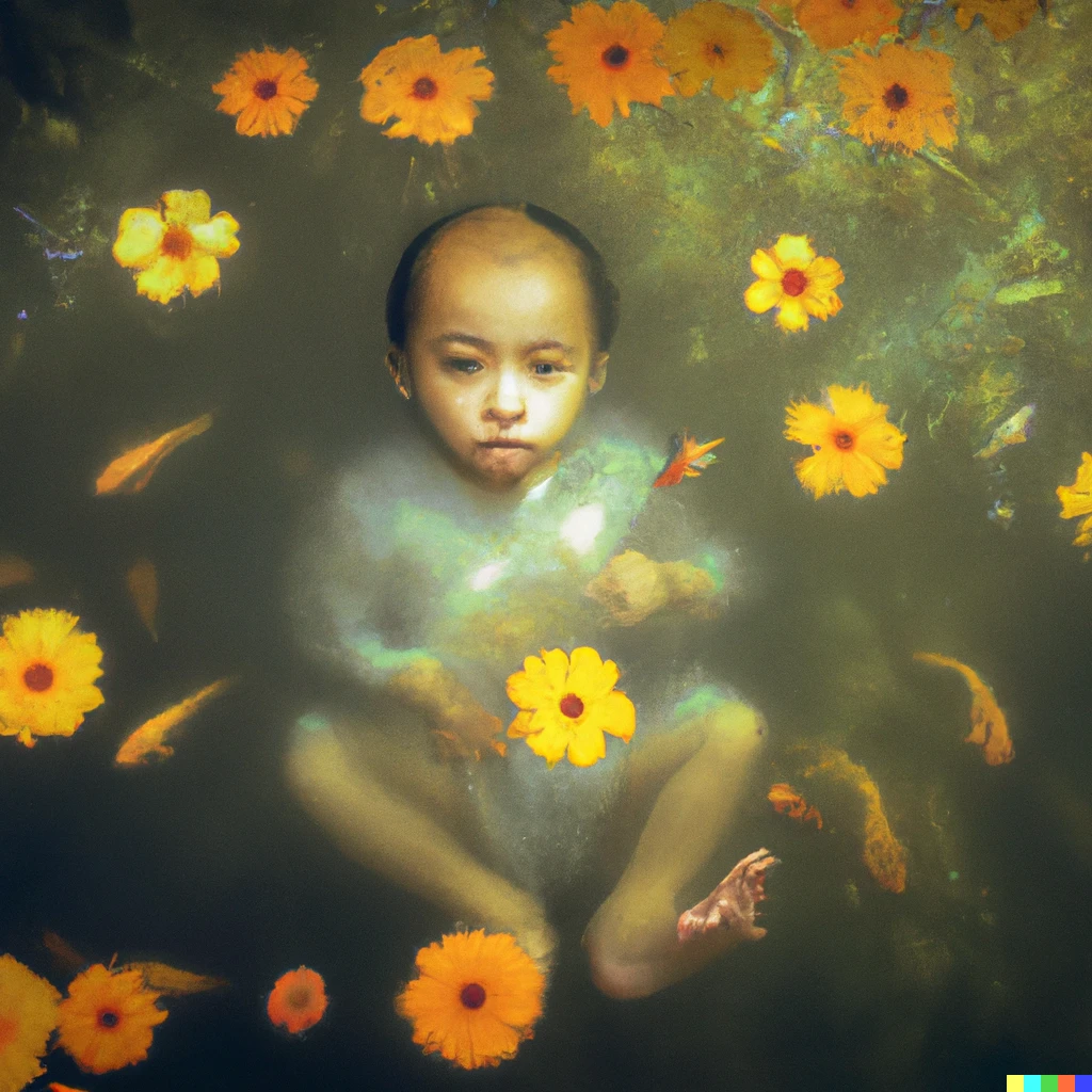 Prompt: a beautiful expressive poetic baby  floating alive in the middle of water  with a goldfish next to him, they have their brains connected and they're sorrounded by a lot of yellow flowers over the water,  beautifully lit, intricate, dramatic lighting by monet