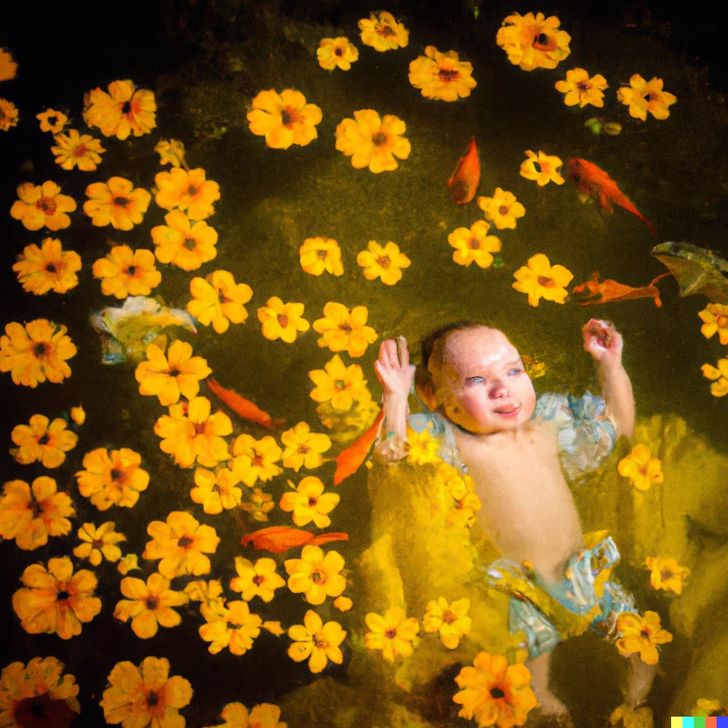 Prompt: a beautiful expressive poetic baby  floating alive in the middle of water  with a goldfish next to him, they have their brains connected and they're sorrounded by a lot of yellow flowers over the water,  beautifully lit, intricate, dramatic lighting by monet