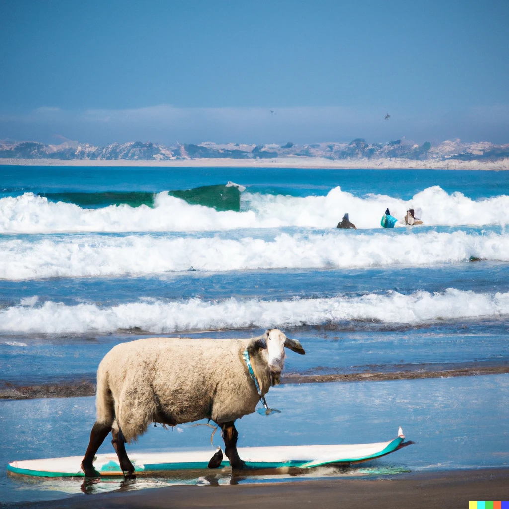 Prompt: a sheep surfing at mission beach in san diego