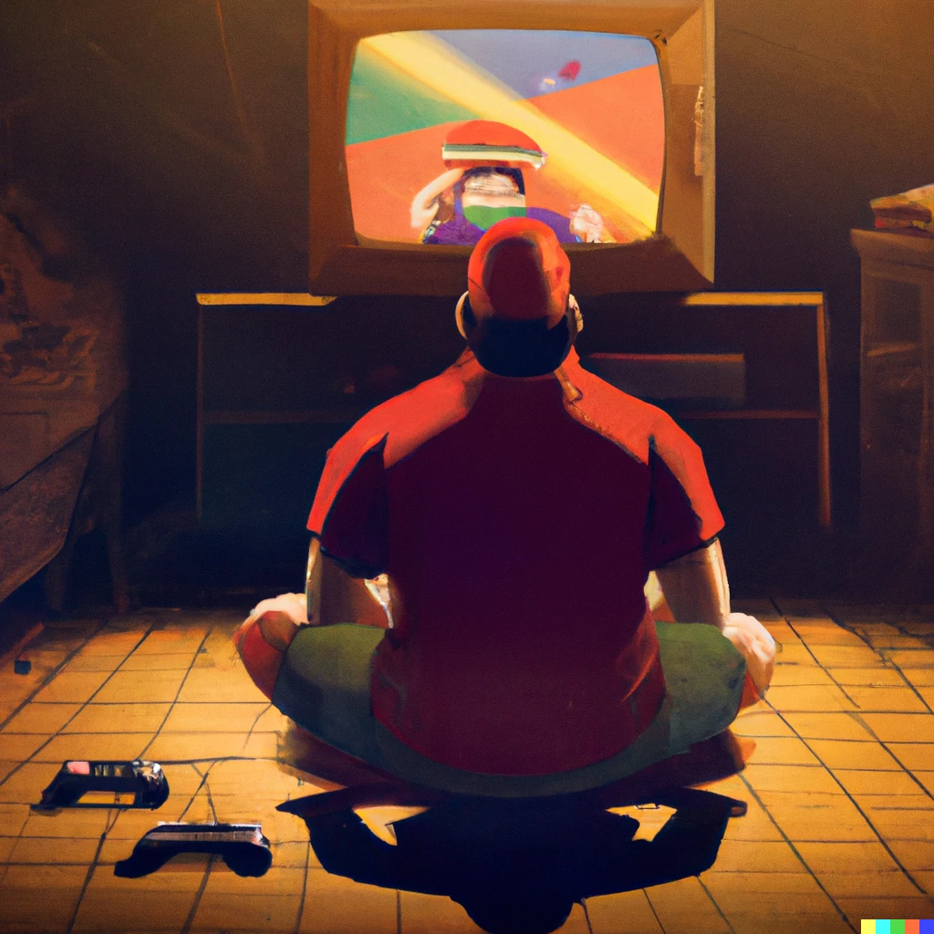 Prompt: Bearded man sitting on floor playing Super Nintendo on old TV, digital art, dark room