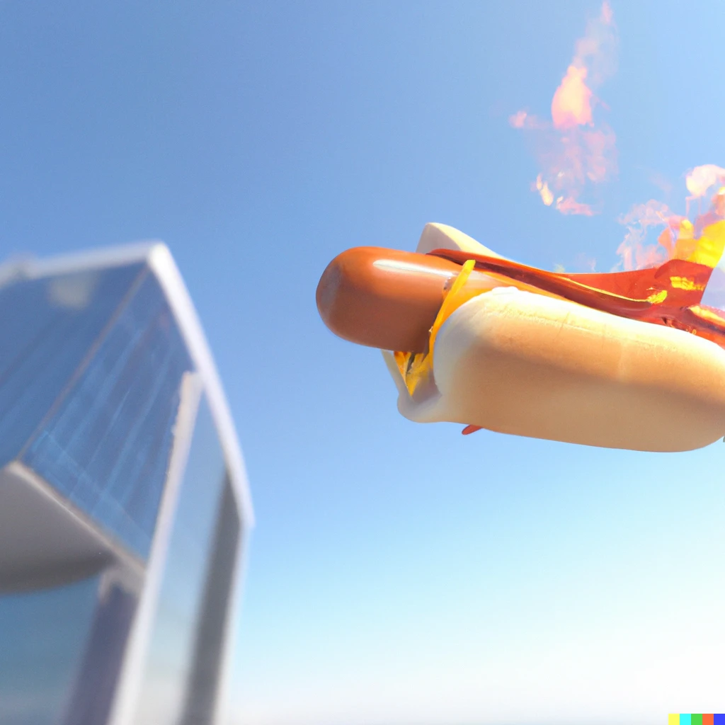 Prompt: A hotdog with airplane wings crashing into a tall glass high rise and causing an explosion in unreal engine 