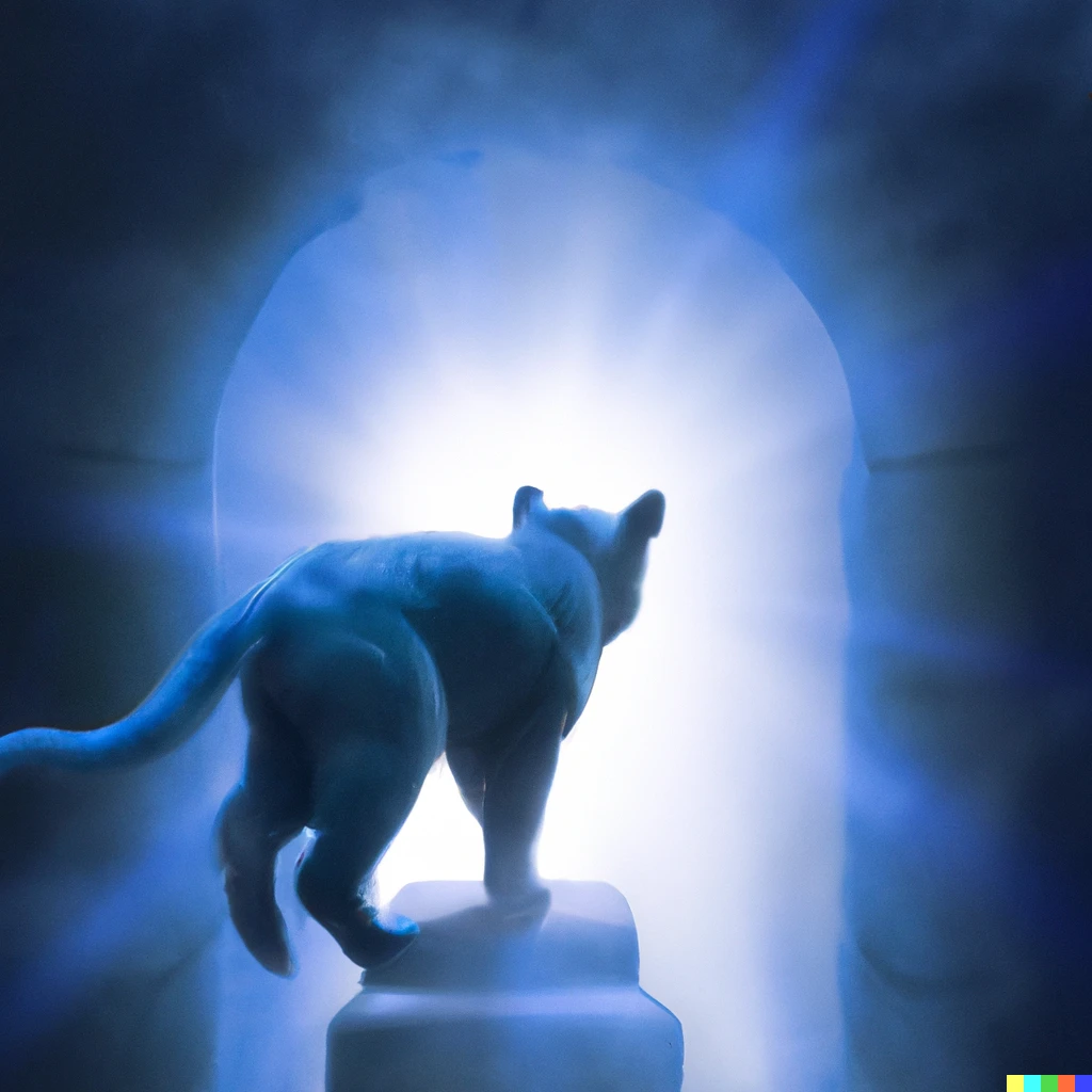 Prompt: a photorealistic photo of a blue cat walking into a portal to heaven