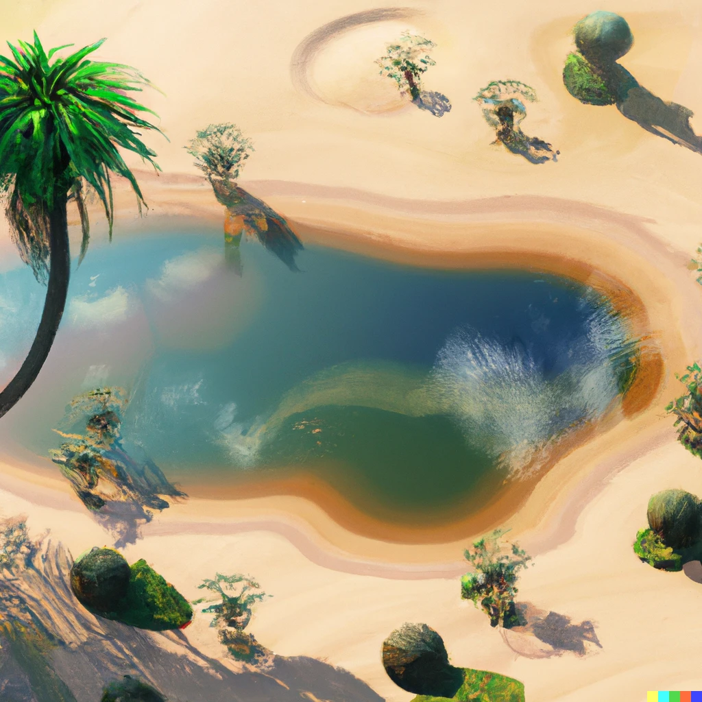 Prompt: Photo of an oasis in a desert with a little pond, photorealistic, sunny