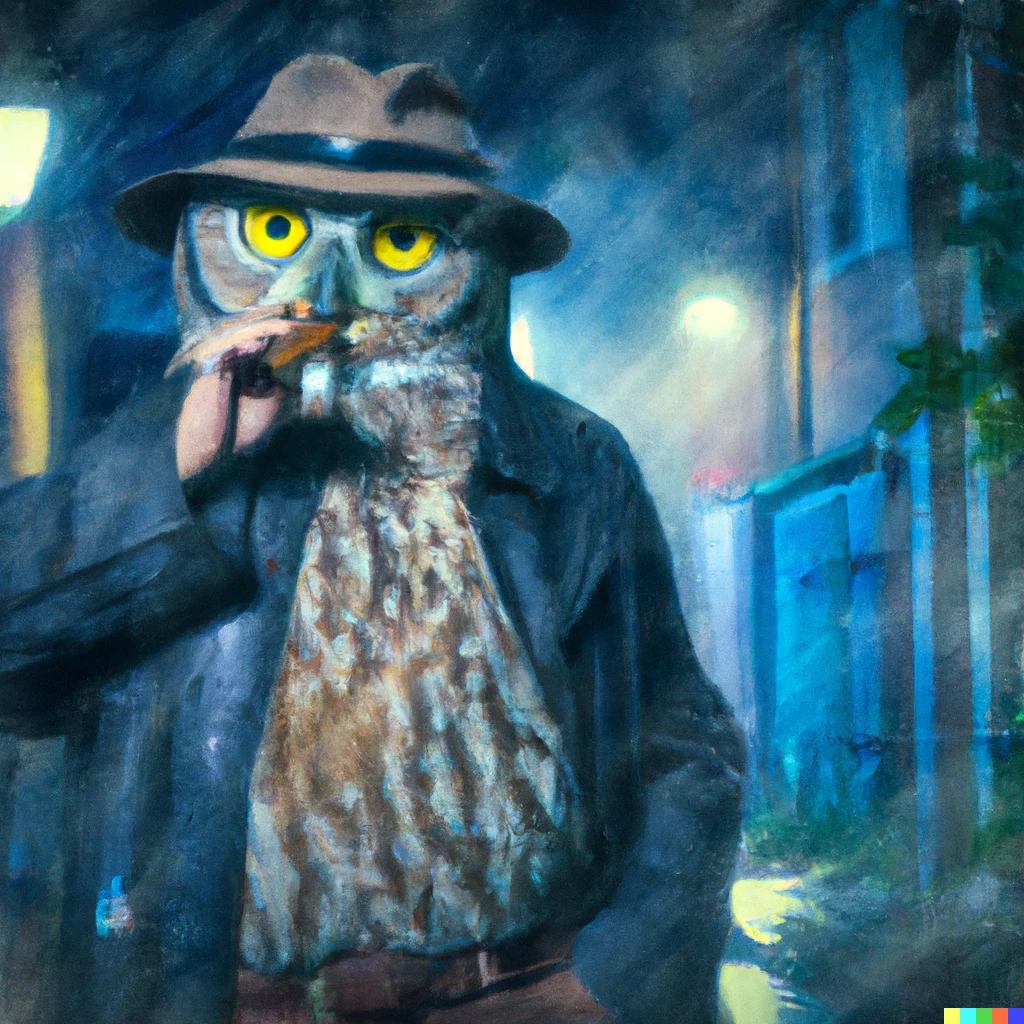 Prompt: A hard boiled barred owl detective holding a gun in a dark and scary alley at night in the rain while smoking a cigarette