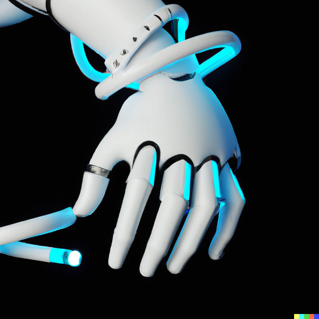 Prompt: Fantasy art, 3d octane rendering, cyberpunk cybernetic arm with hands made out of white glossy plastic and black joints with wires glowing in blue neon. 