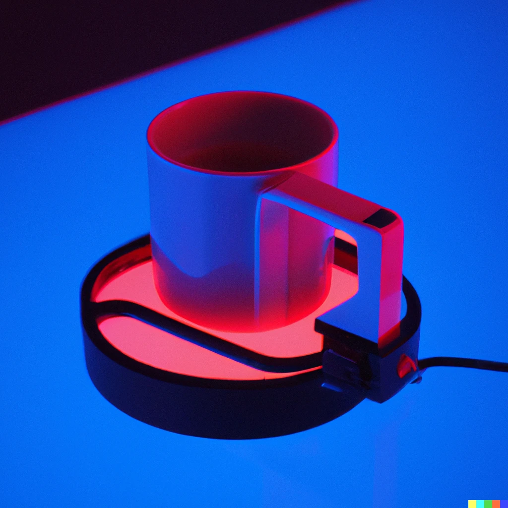 Prompt: A prototype of a double handles mug with sopheticated coffee heating system sitting on a futuristic blue lit neon table, cyberpunk, red neon, electronics, wire, beautiful, very detailed, photorealistic
