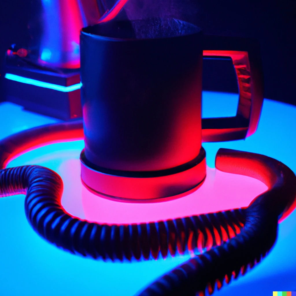 Prompt: A prototype of a double handes mug with sopheticated coffee heating system sitting on a futuristic blue lit neon table, cyberpunk, red neon, electronics, wire, beautiful, very detailed, photorealistic