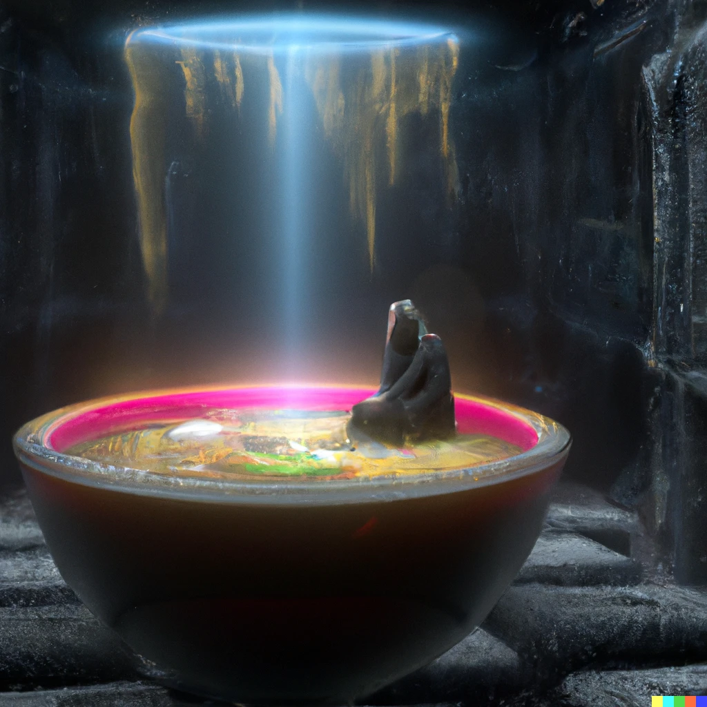 Prompt: A bowl of soup that is also an open portal to a primitive world dimension opened from a futuristic cyberpunk lab and a primitive human is standing on the other side of the portal, beautiful, very detailed, photorealistic