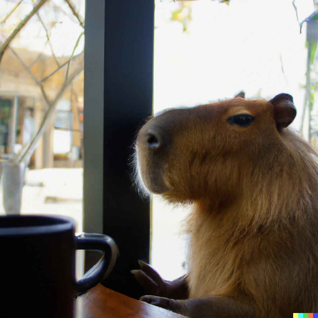 Prompt: Capybara in a cafe sipping on some coffee staring out the window