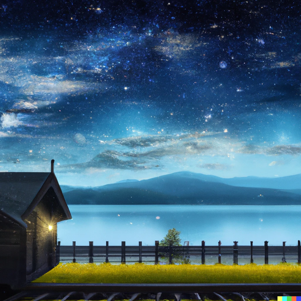 Prompt: A wooden train station in front of blue lake, shining stars in morning sky, white clouds approaching, digital art.