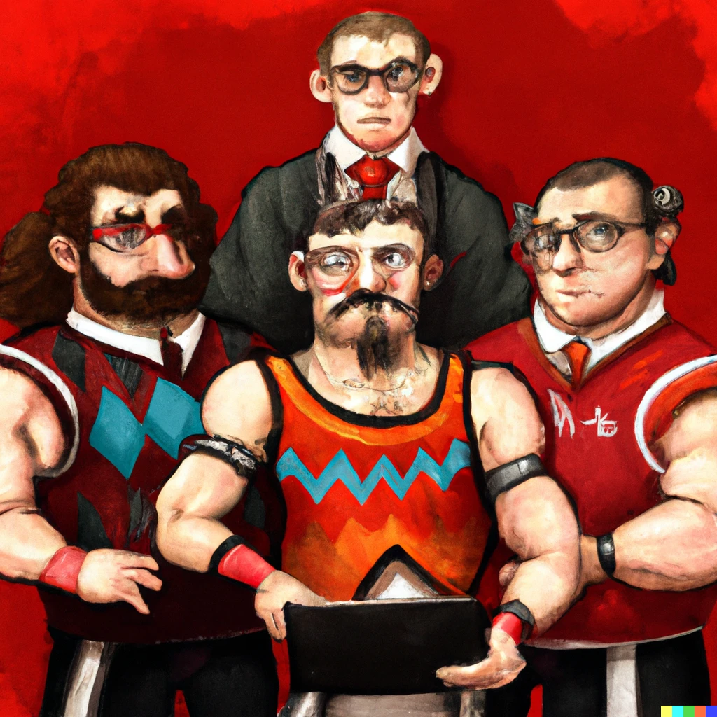 Prompt: an elite fighting unit of nerdy wrestlers in the style of Rembrandt