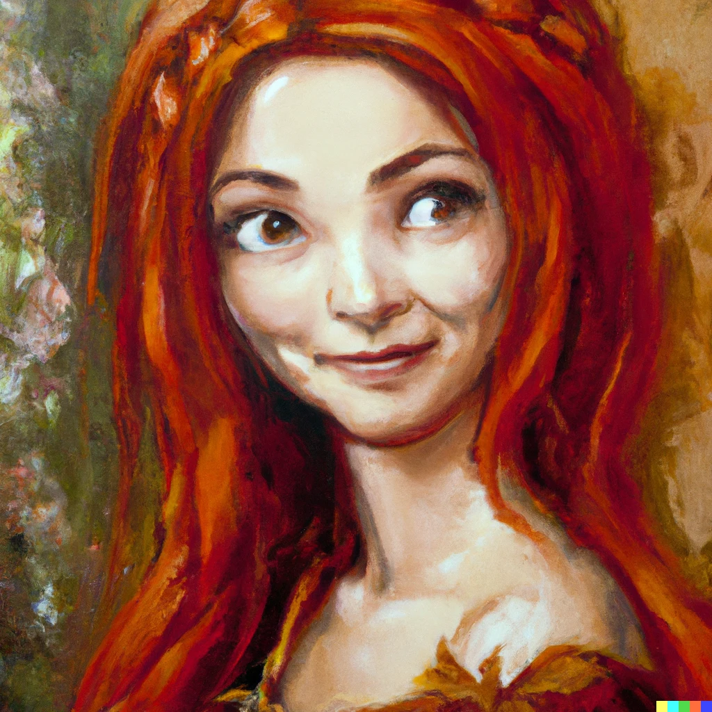 Prompt: A fantasy oil painting of a red haired elven girl looking amused. 