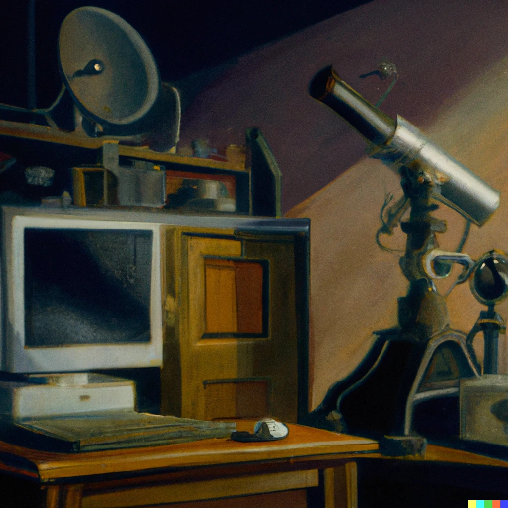 Prompt: a 90's PC next to a vintage telescope in a victorian laboratory; oil painting
