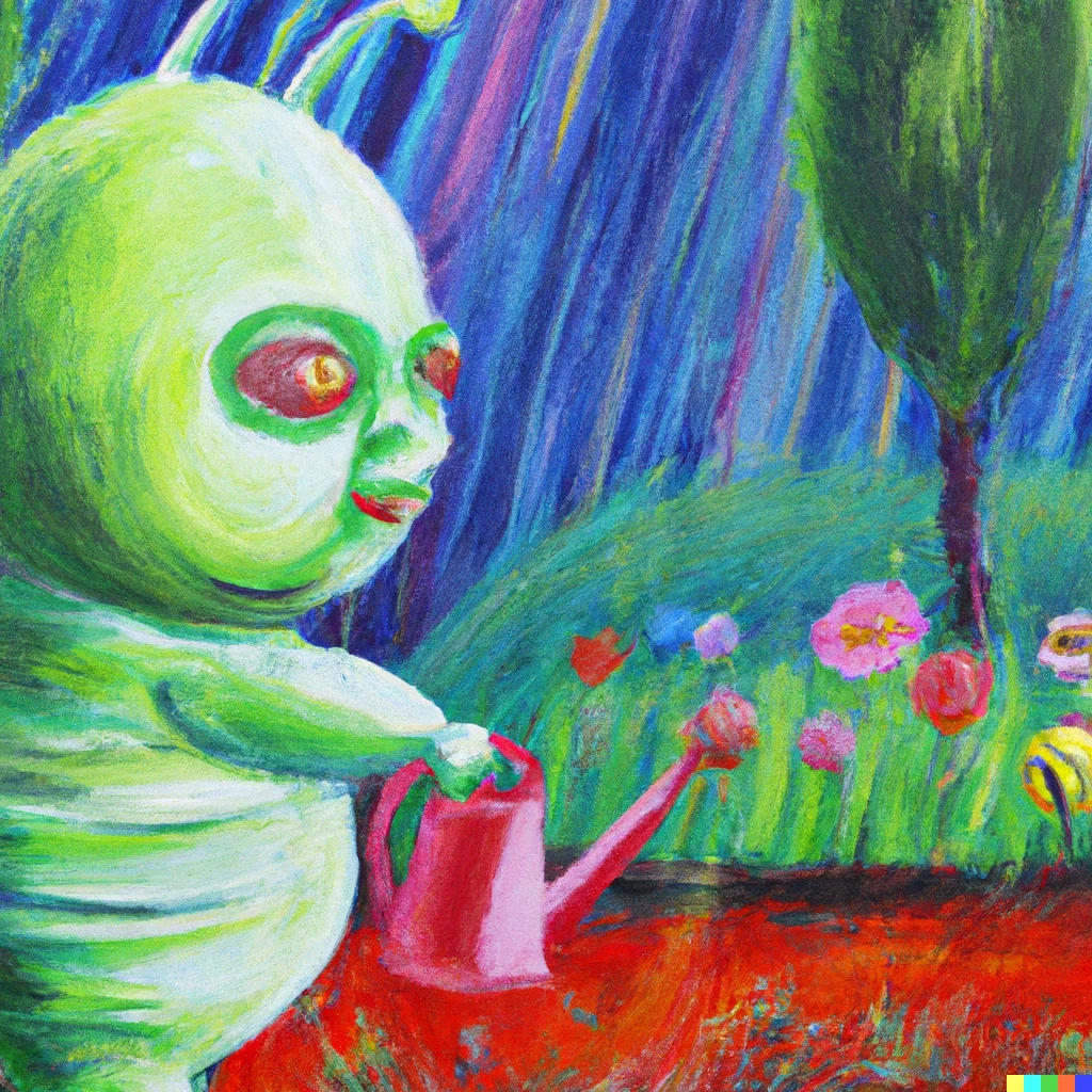 Prompt: a cute fat alien watering the garden, oil painting 
