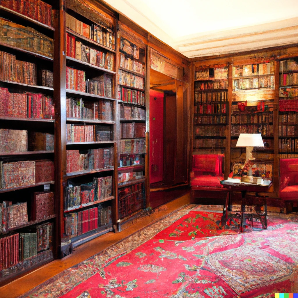 Prompt: Opulent personal library with red Persian carpets, wood panelled bookshelves filled with books 