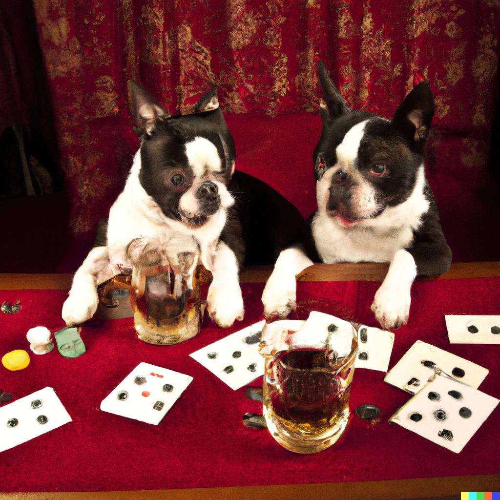 Prompt: Boston terriers drinking whiskey and playing a game of cards 