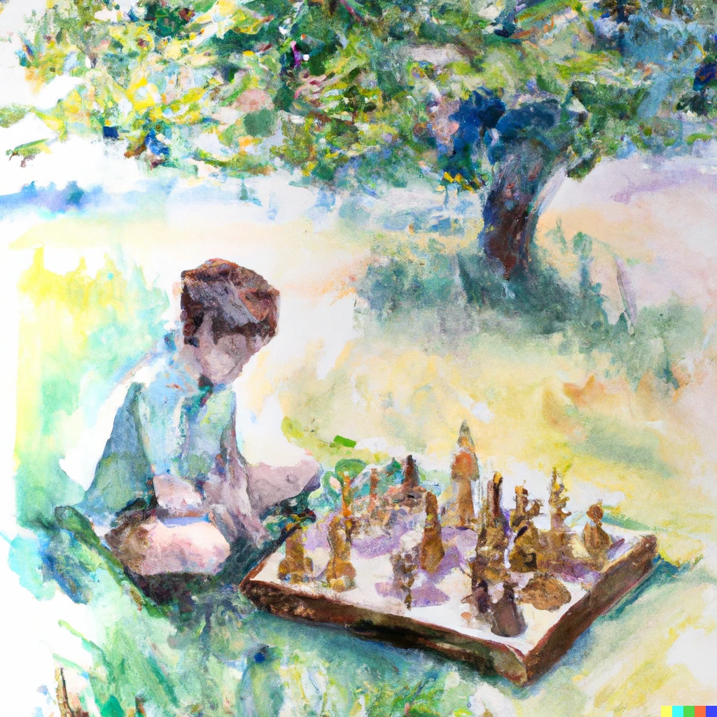 Prompt: A ten year-old child playing chess under a tree in a field, light, water colour