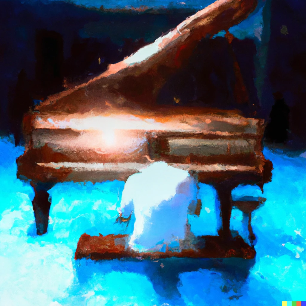 Prompt: A painting of a man playing a grand piano at the bottom of a swimming pool, digital art