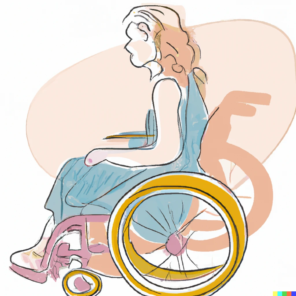 Prompt: Woman in a wheelchair, whimsical coloured line drawing
