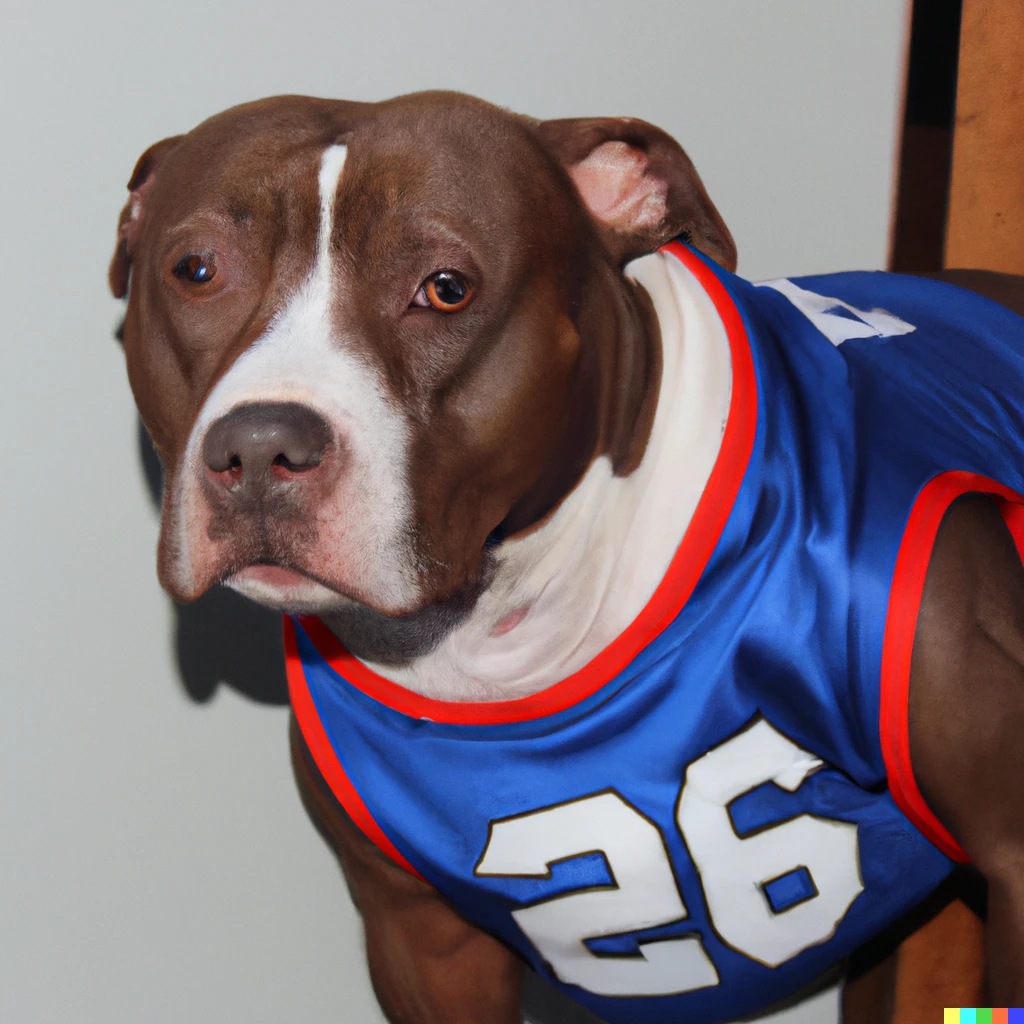 Prompt: Pit bull in a New York giants jersey with the number 26