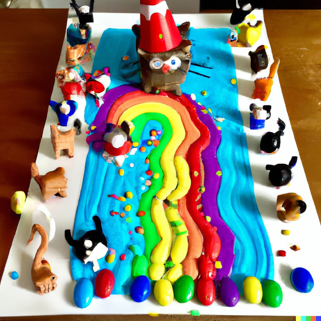 Prompt: a flood with M&Ms and animals marching in to noah’s ark with party hats with cat marshals 