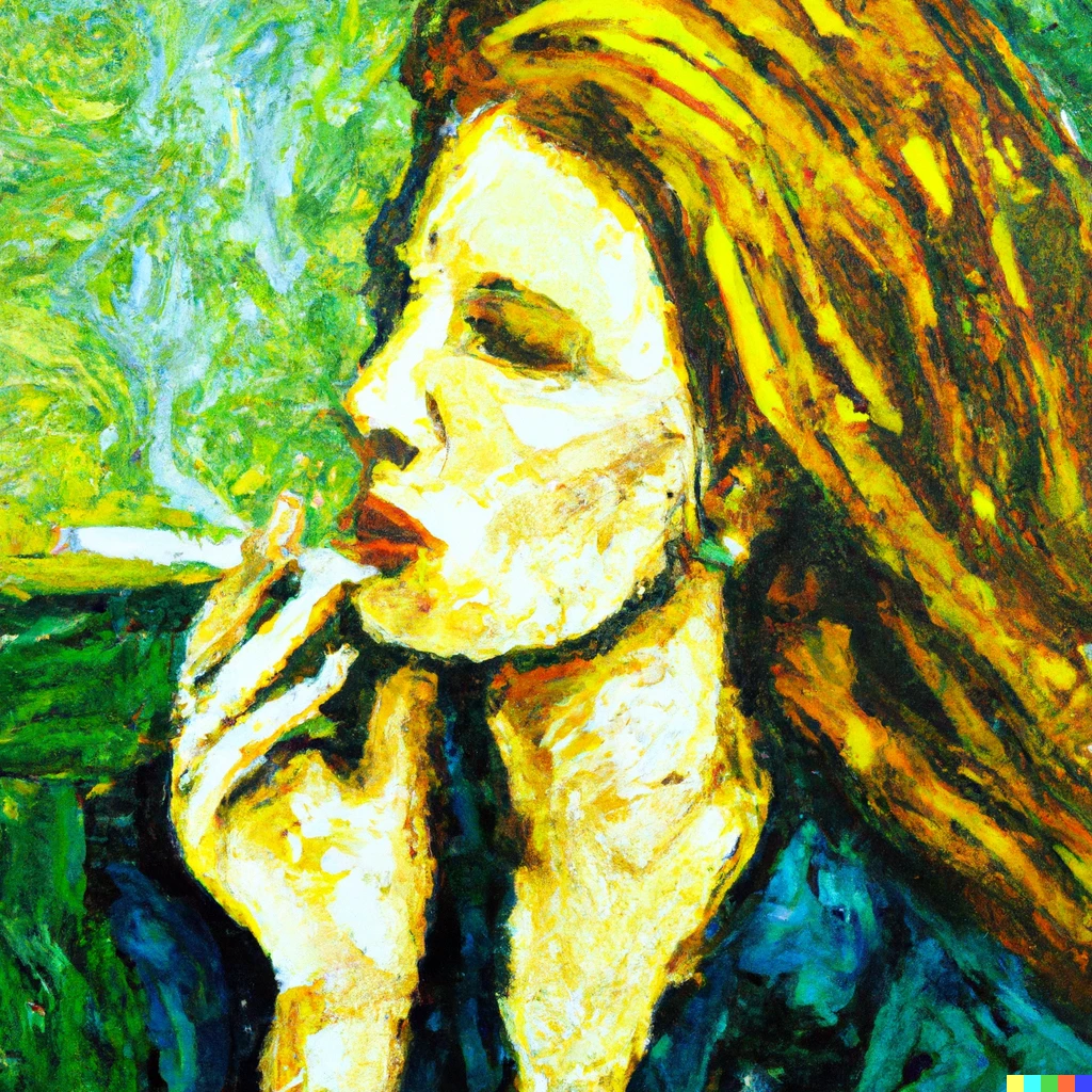 Prompt: A Vincent van Gogh like painting of a beautiful woman smoking a cigarette | 781