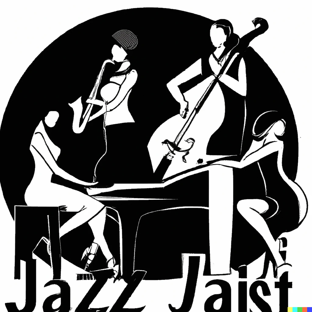 Prompt: Jazz band logo: silhouette illustration of a jazz quintet with a saxophone player, a guitar player, a Bass player, a Drum player and a Piano player