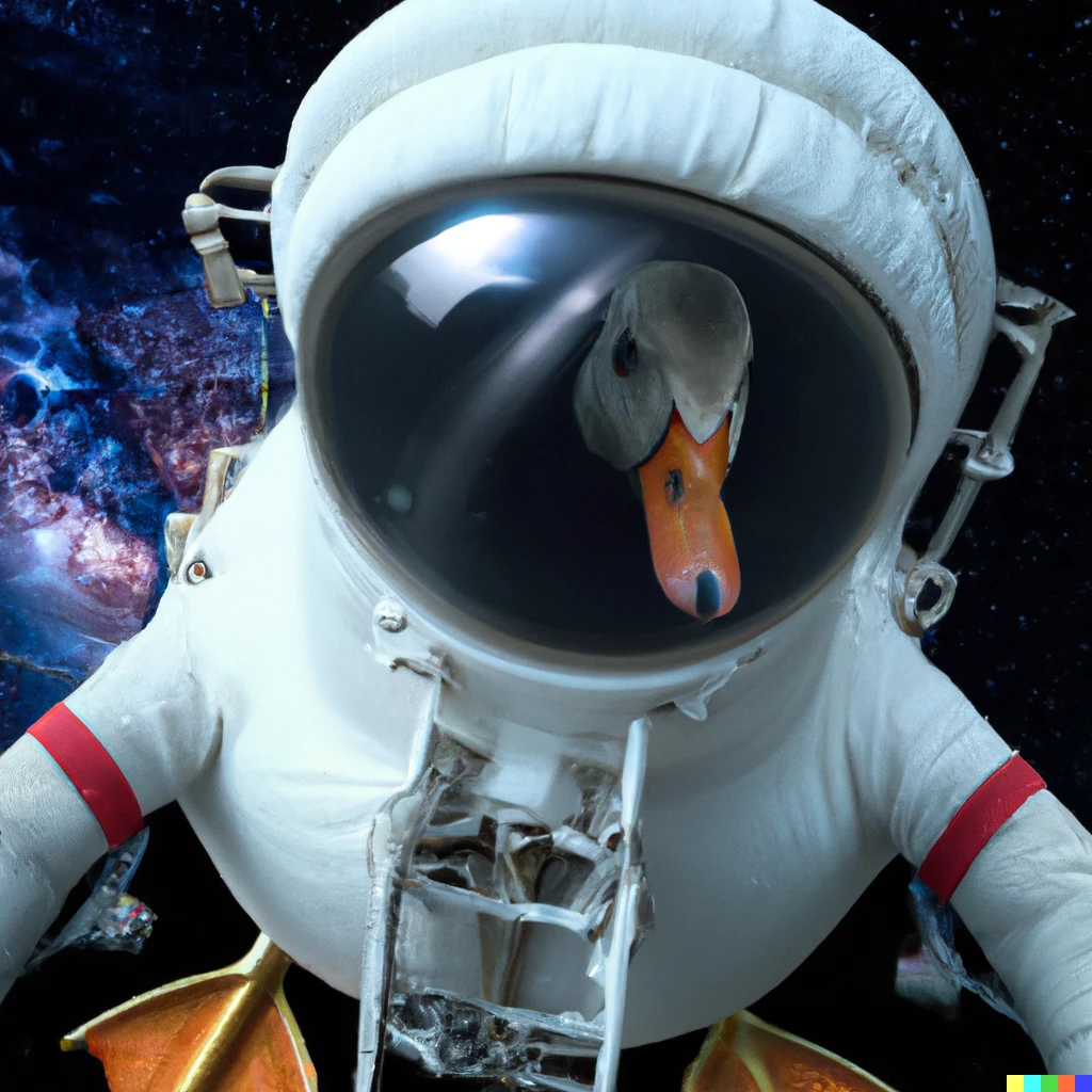 Prompt: Award-winning high-quality 4k photo of a duck in a spacesuit 
exiting a spaceship's airlock and going for an EVA
spacewalk