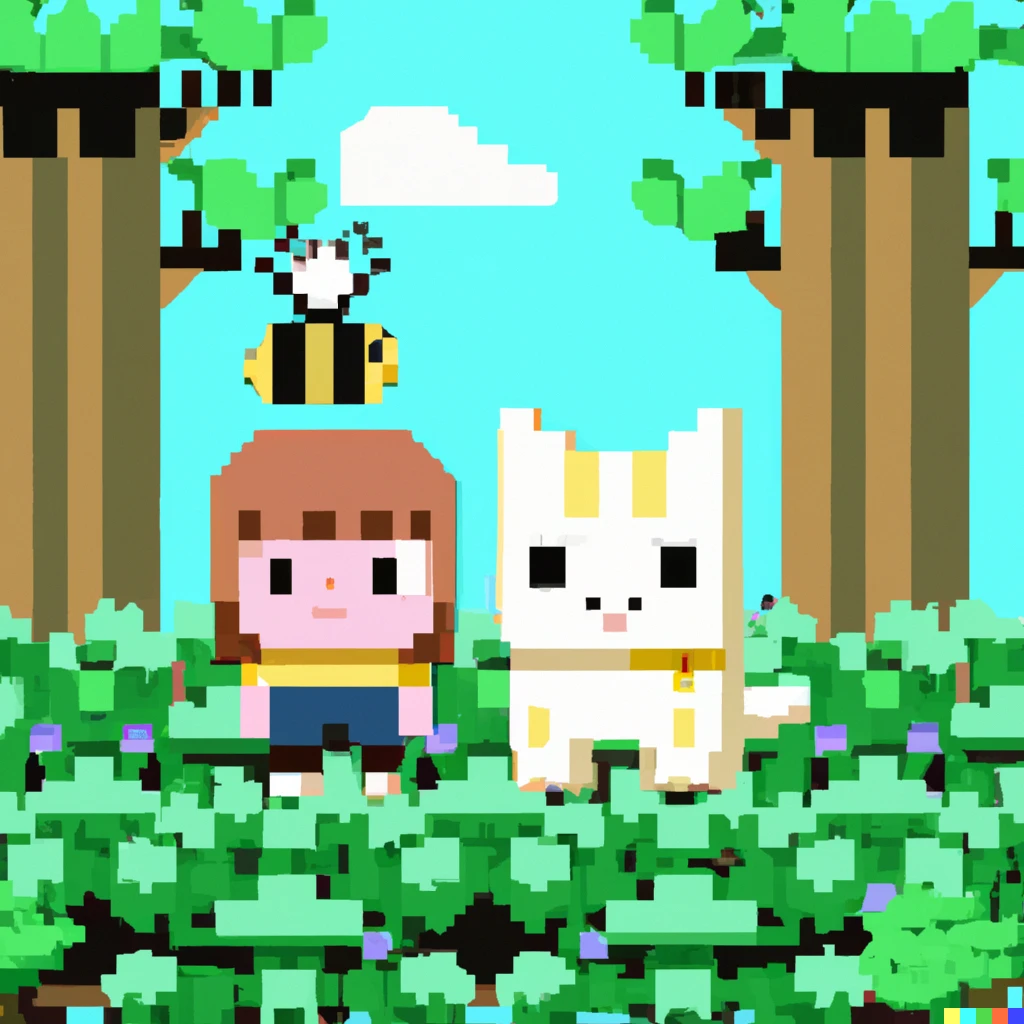 Prompt: bee and puppycat from bee and puppycat exploring a forest in minecraft