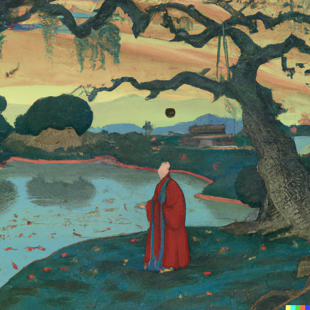 Prompt: A chinese landscape with a taoist monk in the style of Lucas Cranach
