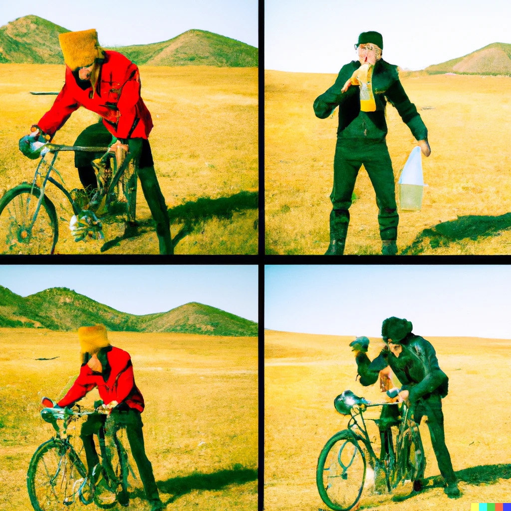 Prompt: two handsome men bicycling across the mongolian steppe, drinking vodka, collage style