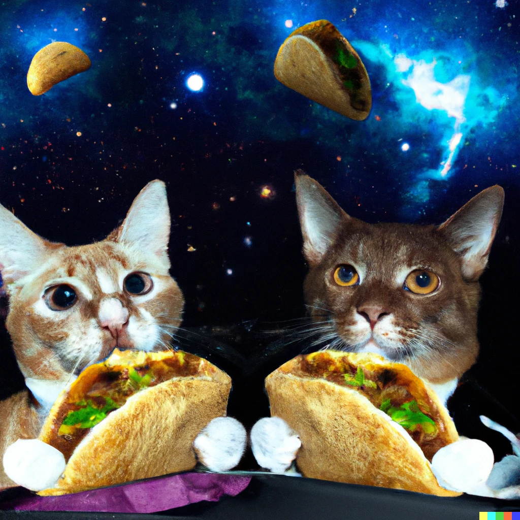 Prompt: Two cats eating tacos in space. 