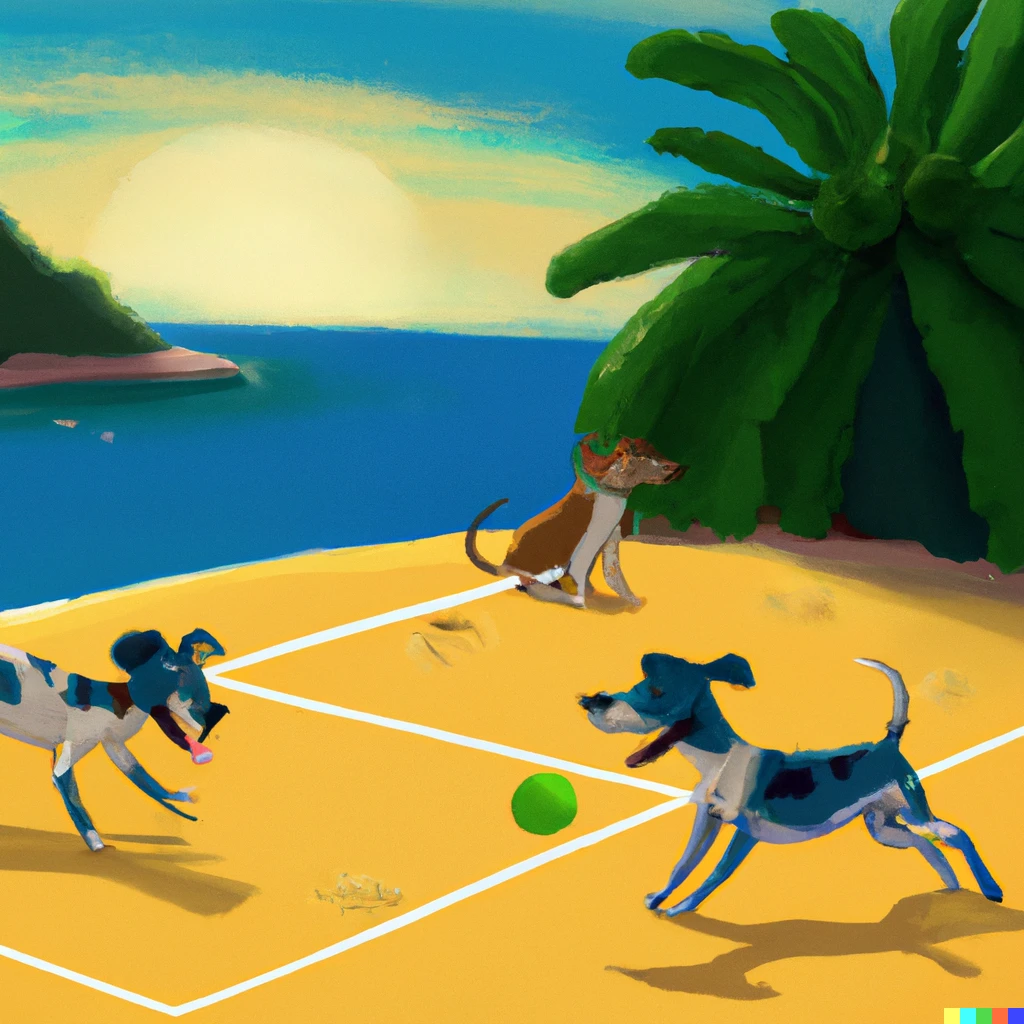 Prompt: Dogs playing tennis on a tropical island, digital art