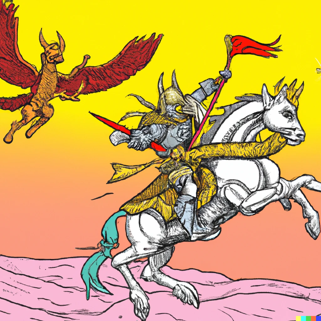 Prompt: A golden knight riding a pegasus fights against the Great Demon King