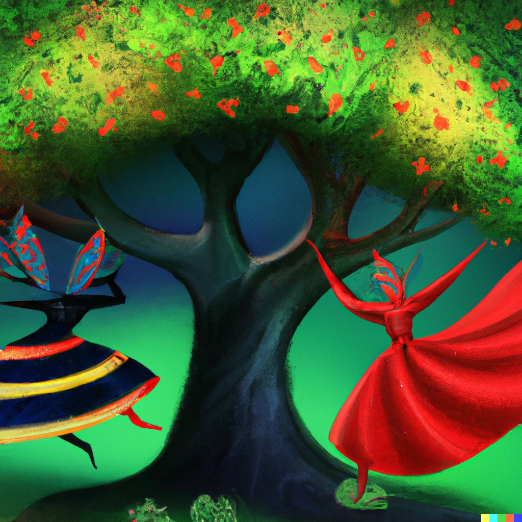 Prompt: Under two giant trees, the Red Devil and the Black Angel dance.　Colorful butterflies also dance