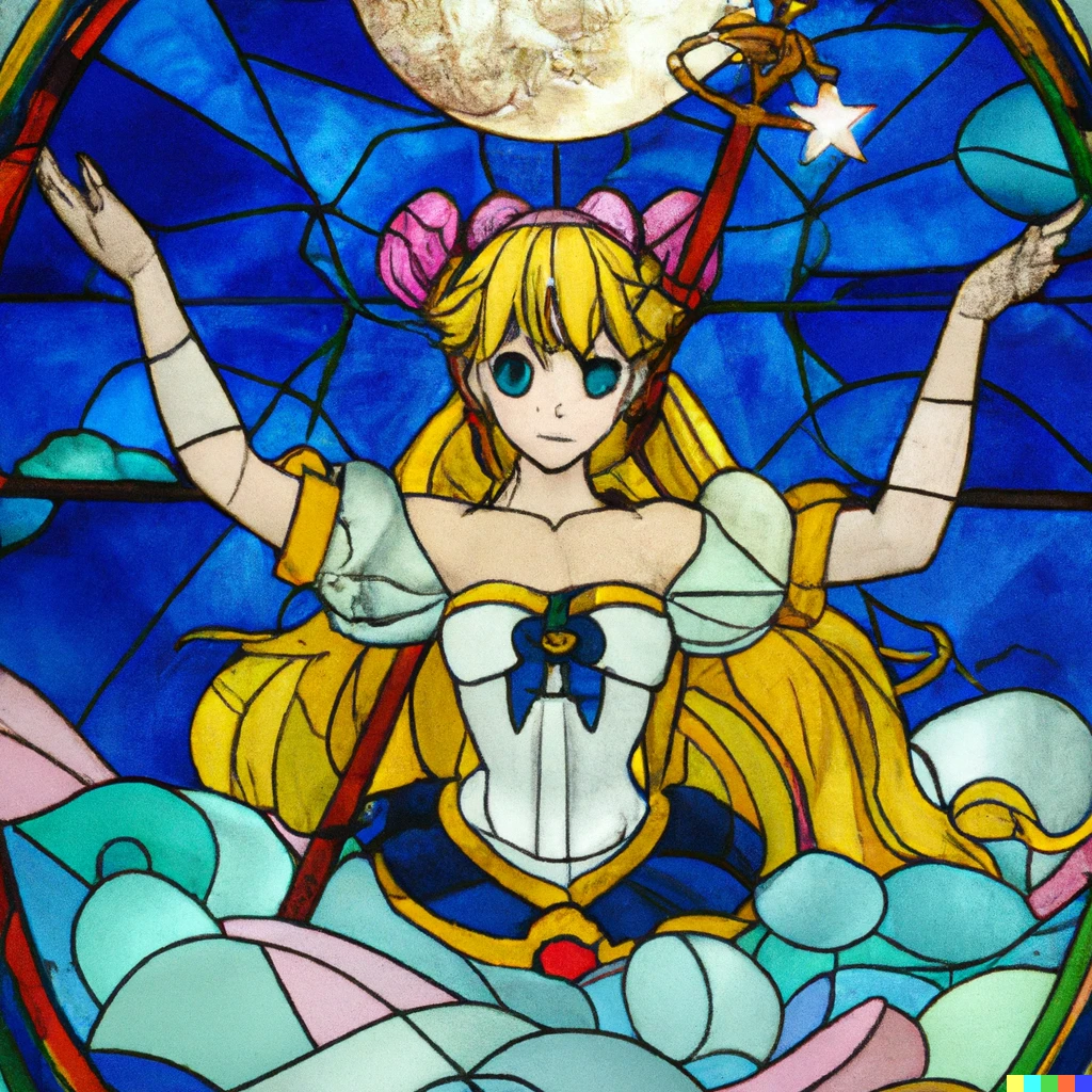 Prompt: Sailor Moon, Stained Glass, 1233 A.D.