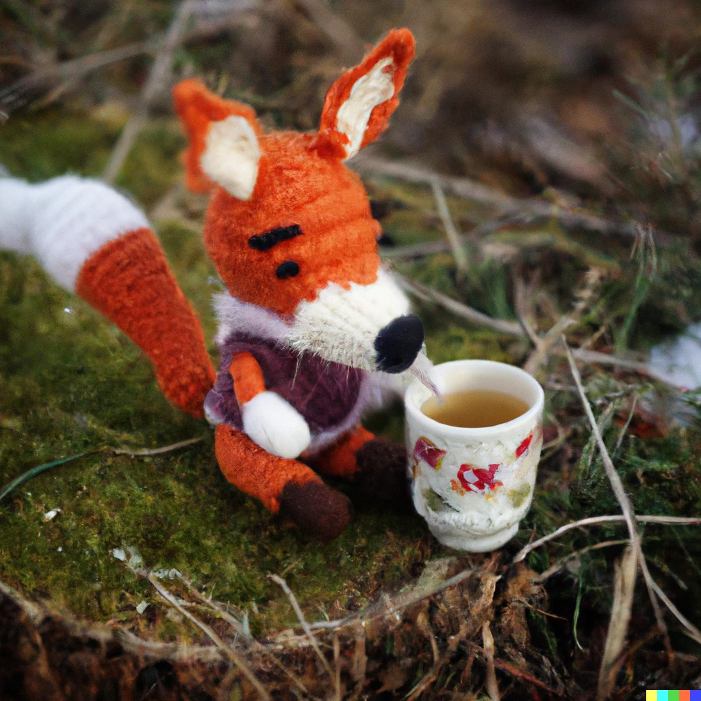 Prompt: photo of an amigurumi of a fox drinking tea in the forest