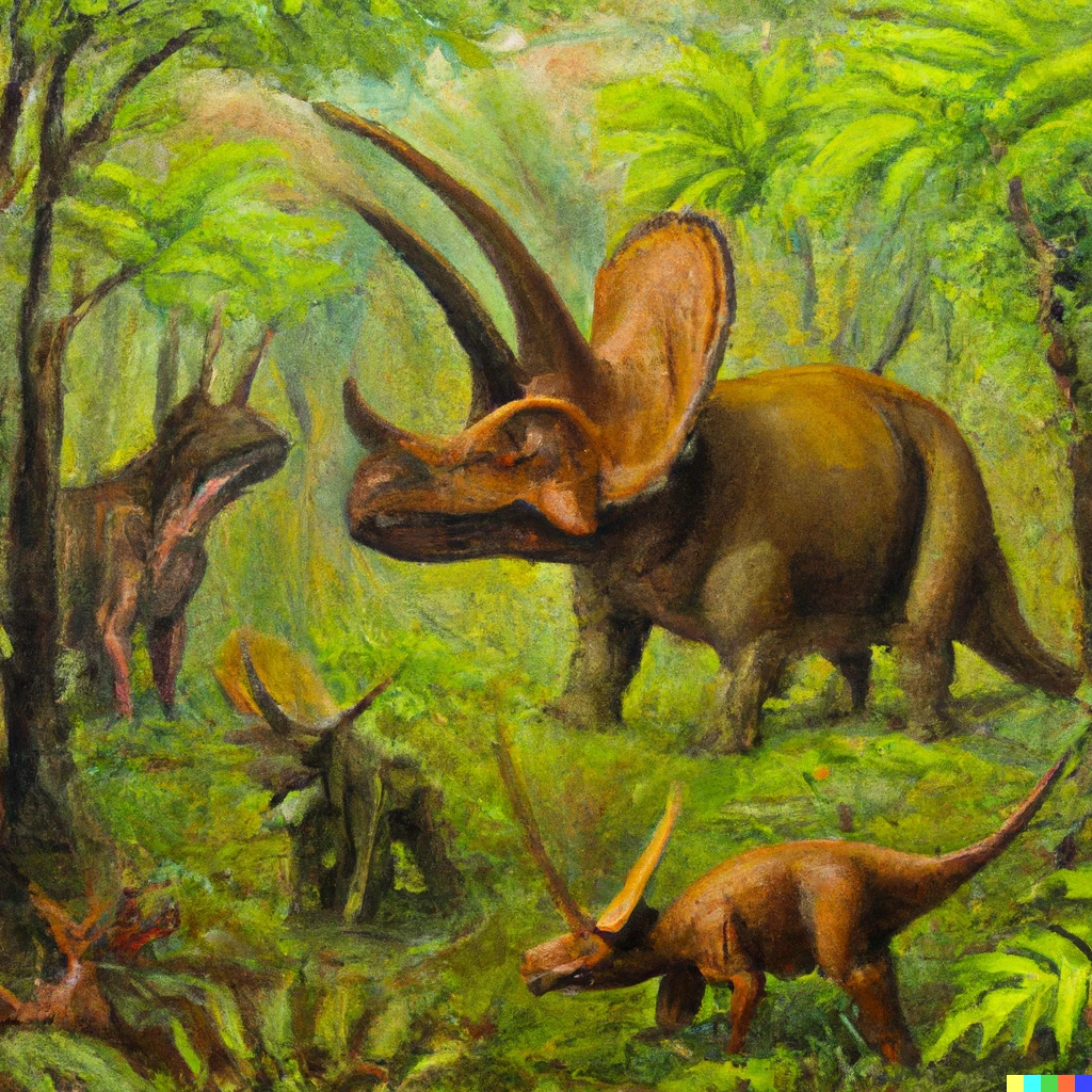 Prompt: a herd of triceratops surrounded by a family of tyrannosaurs in a prehistoric jungle. Oil on canvas, realistic painting.
