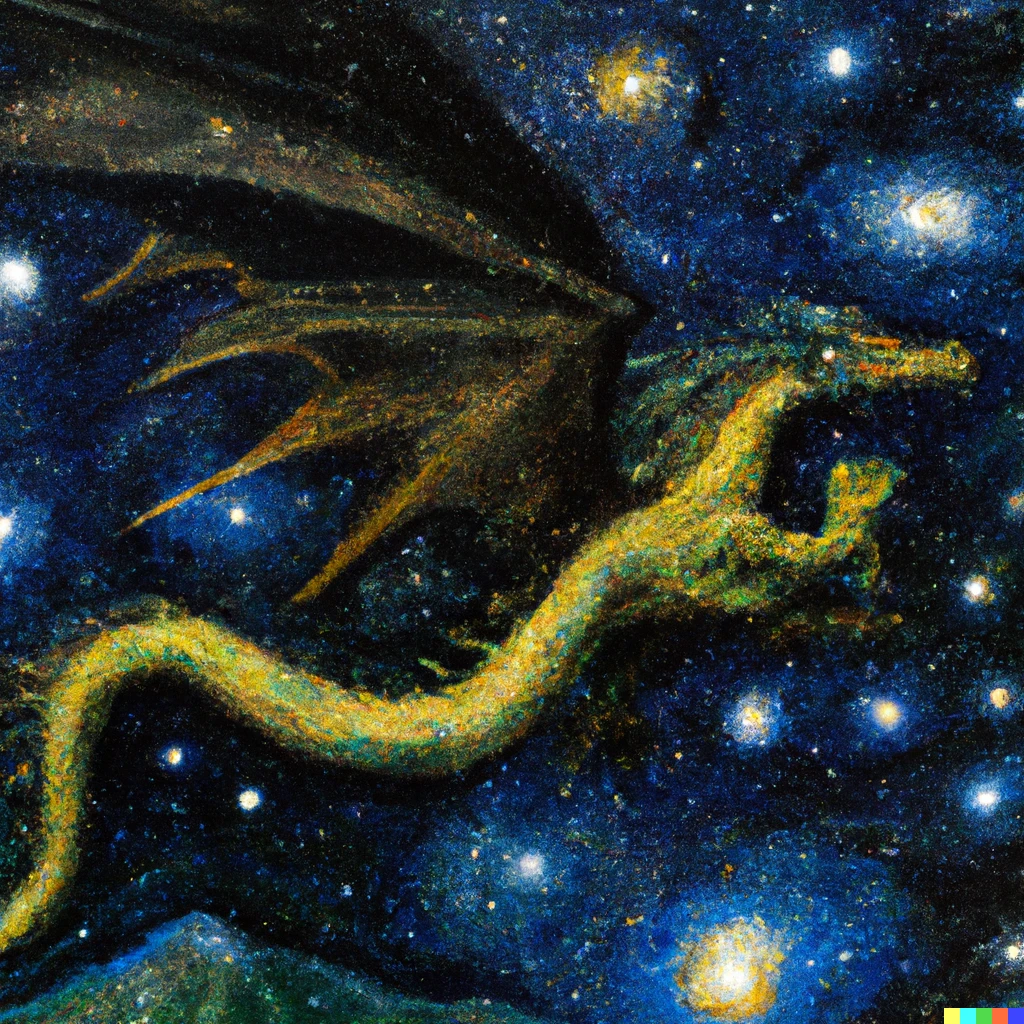 Prompt: A gigantic dragon flying in a starry night towards infinity, by monet