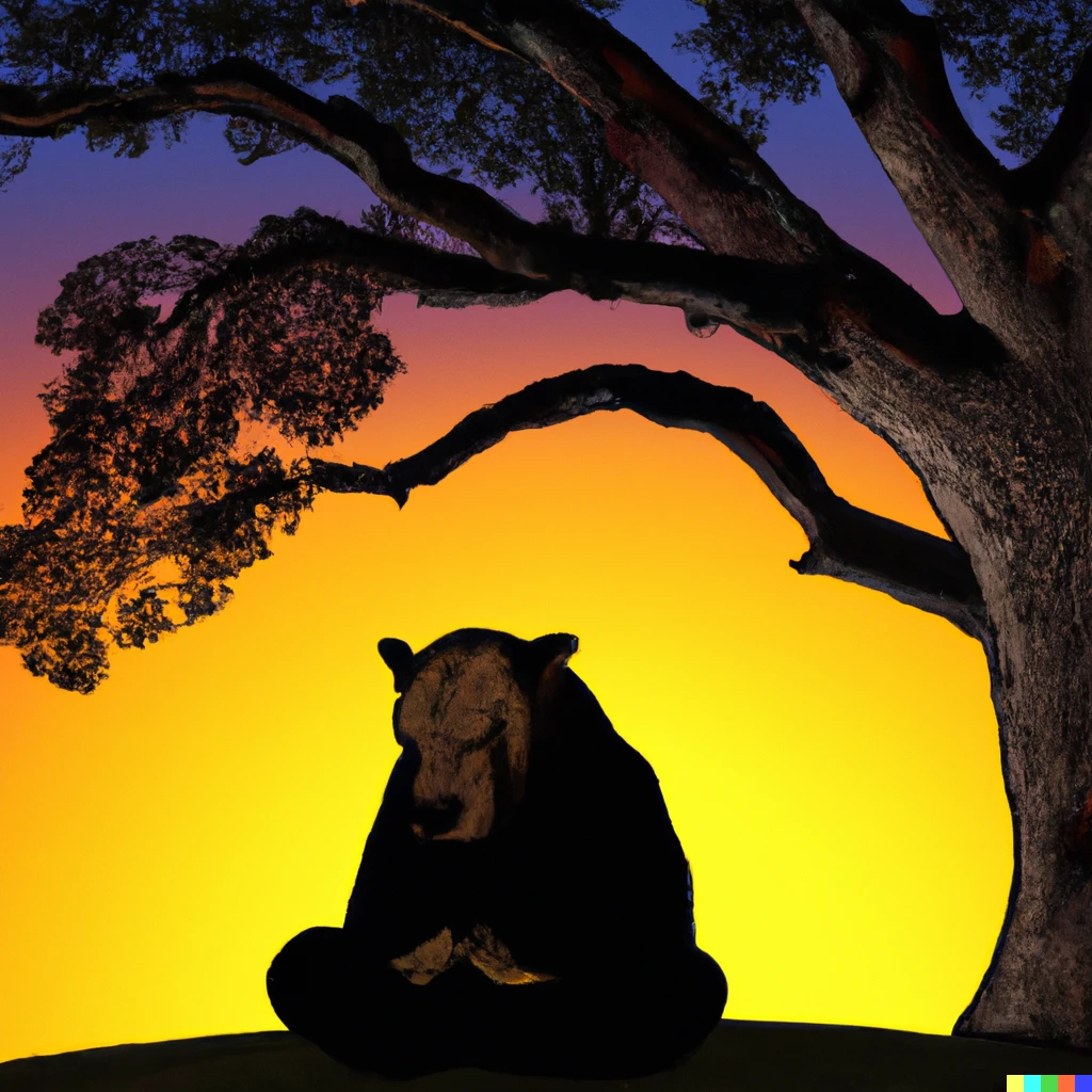 Prompt: A monk bear meditating under an old oak tree at sunset.