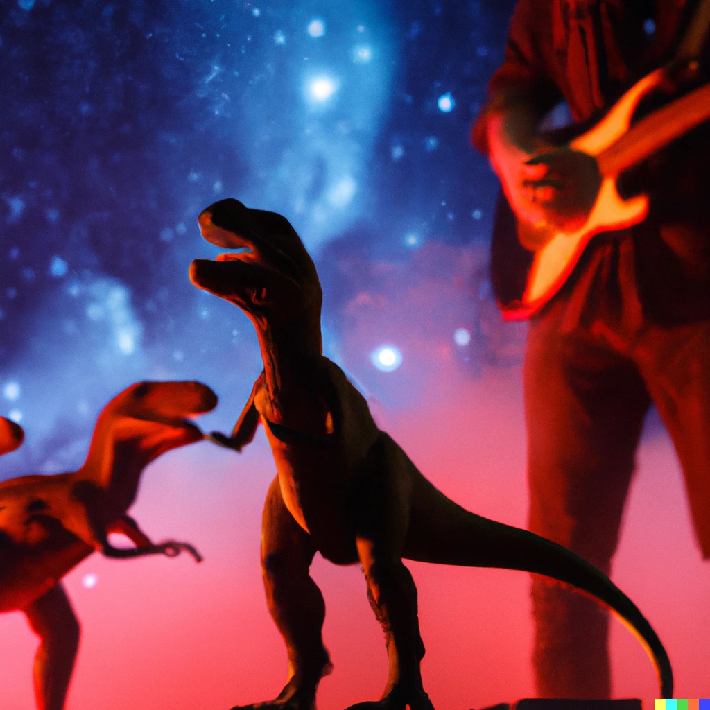 Prompt: photo of a man playing the guitar at a concert for an audience of tyrannosaurs under the stars.