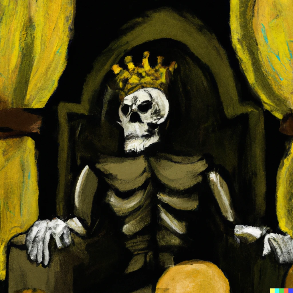 Prompt: a painting of the King of Death sitting on his throne of skulls watching the pleading souls in his hall.