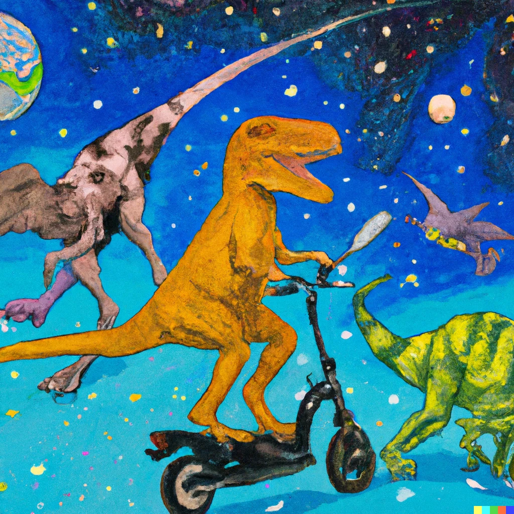 Prompt: a tyrannosaur on scooters juggling the milky way chased by space fighters by van Gogh