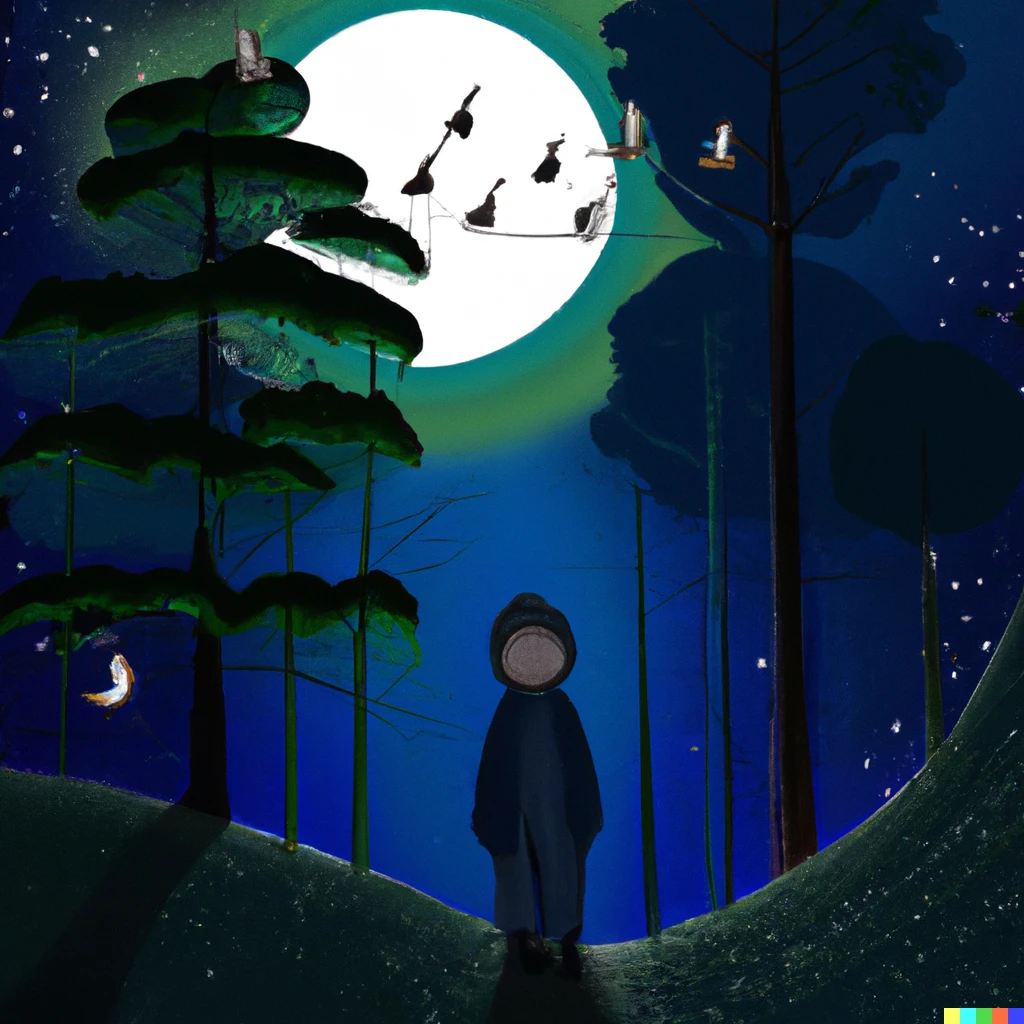 Prompt: a helpless child walks through a gloomy forest on a starry night, while being watched by creatures that lurk in the darkness