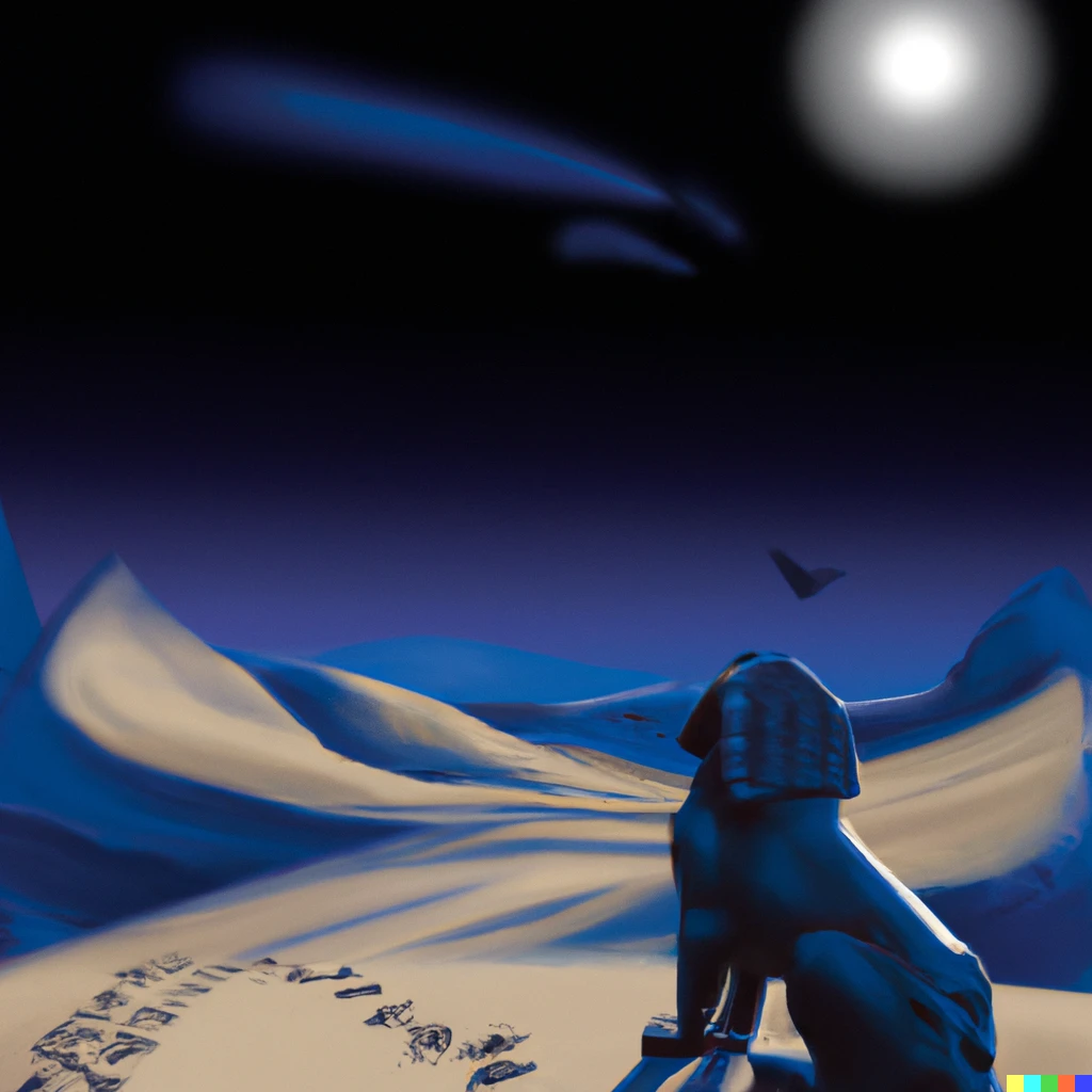 Prompt: the great sphinx watches the desert sands on a moonlit night, while pilgrim spirits soar through the sky.