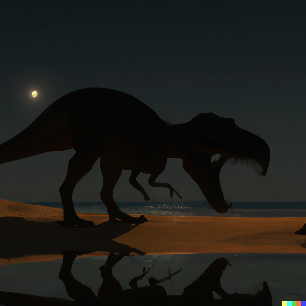 Prompt: a 3d render of An allosaurus devours its prey on a prehistoric beach at night